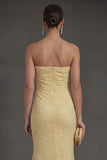 Mermaid Lace Yellow Strapless Ruched Long Wedding Guest Dress