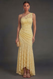 One Shoulder Yellow Lace Floral Sheath Long Wedding Guest Dress