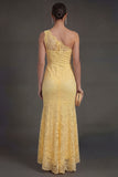 One Shoulder Yellow Lace Floral Sheath Long Wedding Guest Dress