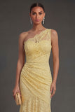 One Shoulder Yellow Lace Floral Sheath Long Wedding Guest Dress