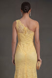 One Shoulder Yellow Lace Floral Sheath Long Wedding Guest Dress
