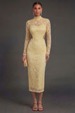 Lace Floral Sheath Yellow Midi Wedding Guest Dress