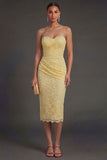 Sheath Yellow Floral Sweetheart Midi Wedding Guest Dress