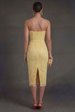Sheath Yellow Floral Sweetheart Midi Wedding Guest Dress