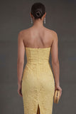 Sheath Yellow Floral Sweetheart Midi Wedding Guest Dress