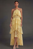 Halter Neck Corset Ruffled Yellow High Low Wedding Guest Dress