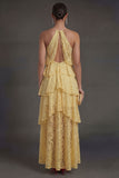 Halter Neck Corset Ruffled Yellow High Low Wedding Guest Dress