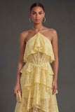 Halter Neck Corset Ruffled Yellow High Low Wedding Guest Dress