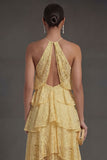 Halter Neck Corset Ruffled Yellow High Low Wedding Guest Dress