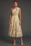 Yellow A Line Floral Midi Wedding Guest Dress