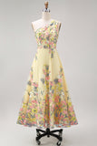 Yellow A Line Floral Midi Wedding Guest Dress