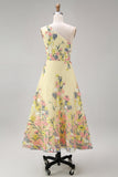 Yellow A Line Floral Midi Wedding Guest Dress