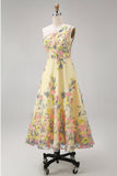 Yellow A Line Floral Midi Wedding Guest Dress