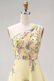 Yellow A Line Floral Midi Wedding Guest Dress