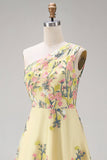 Yellow A Line Floral Midi Wedding Guest Dress