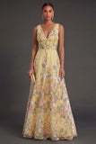 Floral Yellow A Line Long Wedding Guest Dress