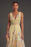 Floral Yellow A Line Long Wedding Guest Dress