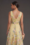 Floral Yellow A Line Long Wedding Guest Dress