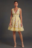 Short Yellow Floral V Neck Summer Wedding Guest Dress
