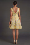Short Yellow Floral V Neck Summer Wedding Guest Dress