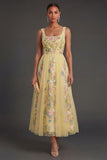 A Line Square Neck Floral Yellow Long Wedding Guest Dress