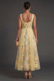 A Line Square Neck Floral Yellow Long Wedding Guest Dress