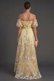 A Line Off the Shoulder Floral Yellow High Low Wedding Guest Dress