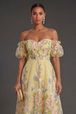 A Line Off the Shoulder Floral Yellow High Low Wedding Guest Dress