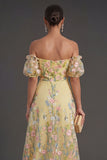 A Line Off the Shoulder Floral Yellow High Low Wedding Guest Dress