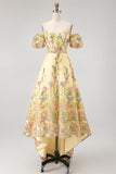 A Line Off the Shoulder Floral Yellow High Low Wedding Guest Dress