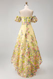 A Line Off the Shoulder Floral Yellow High Low Wedding Guest Dress