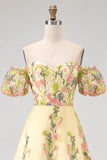 A Line Off the Shoulder Floral Yellow High Low Wedding Guest Dress