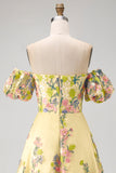 A Line Off the Shoulder Floral Yellow High Low Wedding Guest Dress