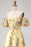 A Line Off the Shoulder Floral Yellow High Low Wedding Guest Dress