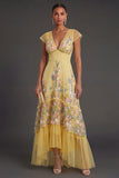 V Neck A Line Floral Yellow Long Wedding Guest Dress