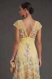 V Neck A Line Floral Yellow Long Wedding Guest Dress