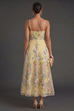 A Line Floral Yellow Spaghetti Straps Long Wedding Guest Dress