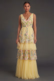 A Line Floral Yellow Tiered Long Wedding Guest Dress