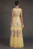 A Line Floral Yellow Tiered Long Wedding Guest Dress
