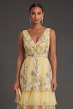 A Line Floral Yellow Tiered Long Wedding Guest Dress