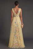 A Line Floral Yellow Backless Long Wedding Guest Dress