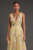 A Line Floral Yellow Backless Long Wedding Guest Dress