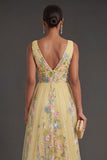 A Line Floral Yellow Backless Long Wedding Guest Dress