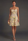 A Line Corset Floral Champagne Short Summer Wedding Guest Dress