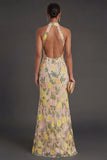 Champagne Mermaid Floral Long Wedding Guest Dress with Slit