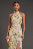 Champagne Mermaid Floral Long Wedding Guest Dress with Slit