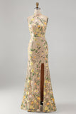 Champagne Mermaid Floral Long Wedding Guest Dress with Slit
