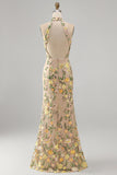 Champagne Mermaid Floral Long Wedding Guest Dress with Slit