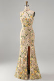 Champagne Mermaid Floral Long Wedding Guest Dress with Slit