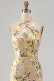 Champagne Mermaid Floral Long Wedding Guest Dress with Slit